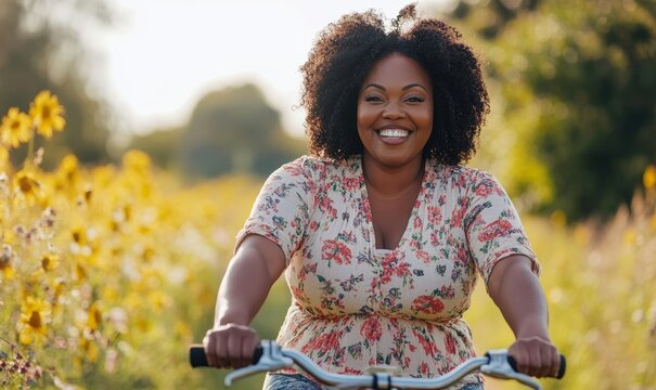 Happy overweight Black woman losing weight. Plus-size African female exercising and riding a bike outdoors. Emphasizing inclusion and diversity in health, fitness, and wellness, Generative AI