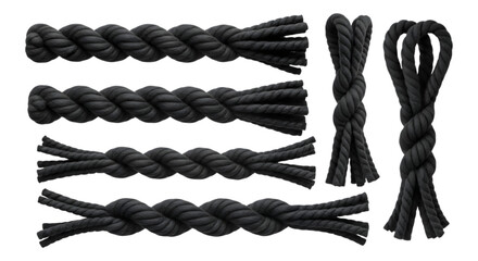 Collection of black twisted ropes and cords isolated on transparent background