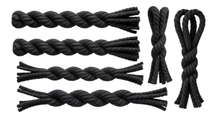 Collection of black twisted ropes and cords isolated on transparent background
