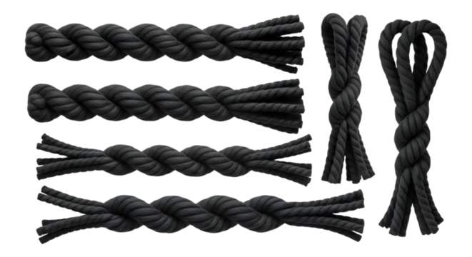 Collection of black twisted ropes and cords isolated on transparent background