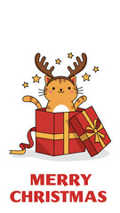 Cute orange cat wearing reindeer antlers pops out of a red gift box with a yellow ribbon and stars for christmas