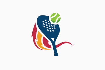 Padel logo template with a combination of a moving racket, swoosh, lightning bolt, and tennis ball. It's great for clubs, courts, padel shops, apparel, etc.