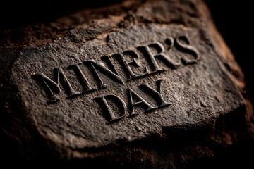 A close-up of a dark stone featuring the engraved words "Miner's Day," highlighting the tribute to the dedication and hard work of miners.