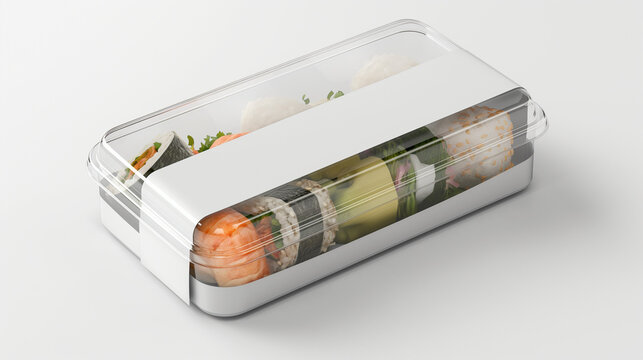 Mixed sushi rolls in clear plastic container with blank label
