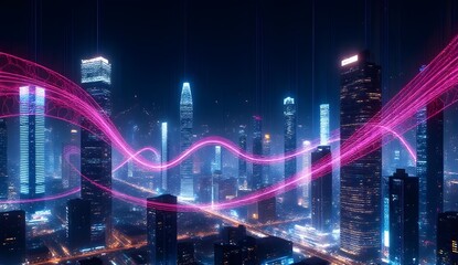Smart City Nightscape: Animated Data Packets in Futuristic Metropolis