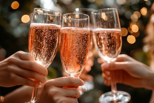 Celebratory toast with ros wine. Friends with glasses of champagne celebrating at a summer office party. Social event celebration outdoors. Hands holding glasses of Prosecco, Generative AI