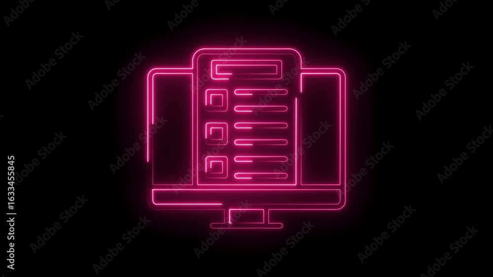 Poster glowing neon pink computer monitor displaying checklist with checkboxes and progress bars isolated o