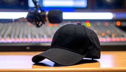 Black Baseball Cap on Radio Studio Desk with Blurred Microphone, Soundboard - Podcast, Broadcasting Template