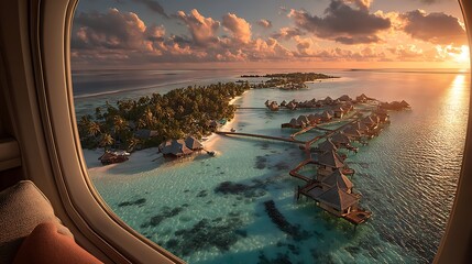aerial shot of a tropical archipelago, framed by the sleek outline of an airplane window. The resorts below feature luxurious overwater bungalows and winding boardwalks, while the sea transitions 