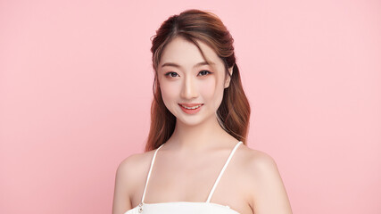 A beautiful young Asian woman with clean, fresh skin against a pink background. Skincare, facial treatment, cosmetology, beauty, and spa. An elegant portrait of an Asian woman.