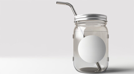 Glass mason jar with lid and straw mockup