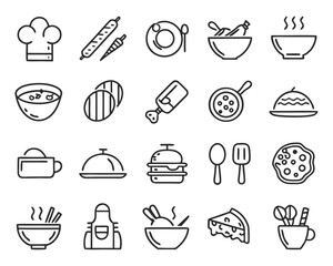 Collection of modern line art symbols for dining establishments and culinary experiences isolated on transparent background