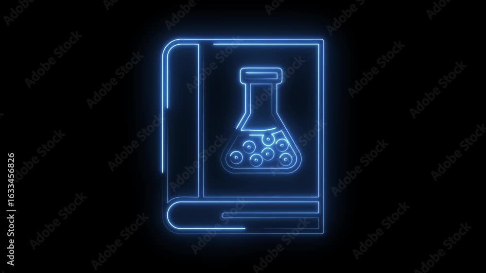 Poster glowing blue neon science book icon with flask inside isolated on black background futuristic techno