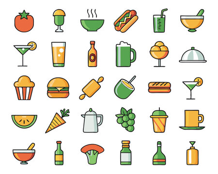 Collection of restaurant and food related line art graphics for culinary businesses and menus isolated on transparent background