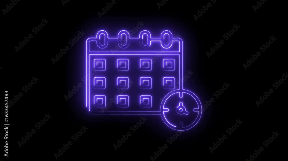 Poster glowing neon calendar icon with clock symbol on black background futuristic digital interface elemen