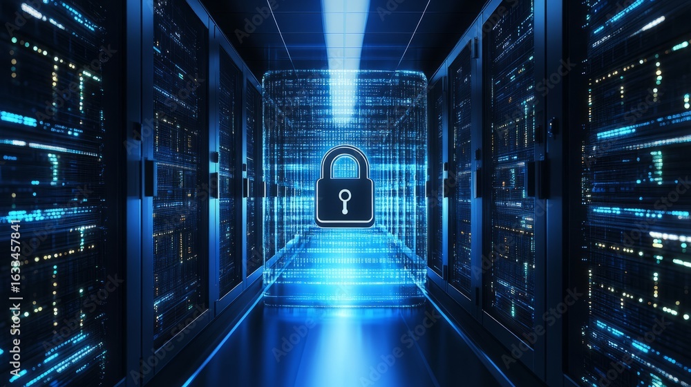 Aufkleber modern data server center with cybersecurity digital padlock icon representing secure information te