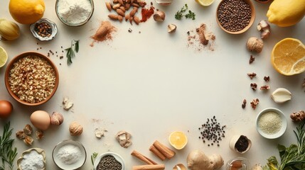 A circular arrangement of various food ingredients,  surrounding a blank center on a light background