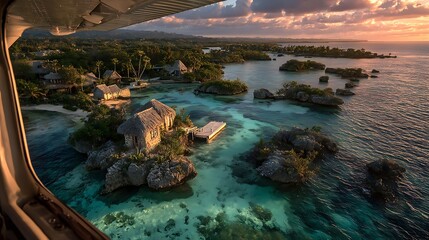 bird's-eye view of a coastal paradise, captured through an airplane window, with emerald-green islands surrounded by shallow reefs and deep blue ocean waters. Elegant resorts with thatched roofs 