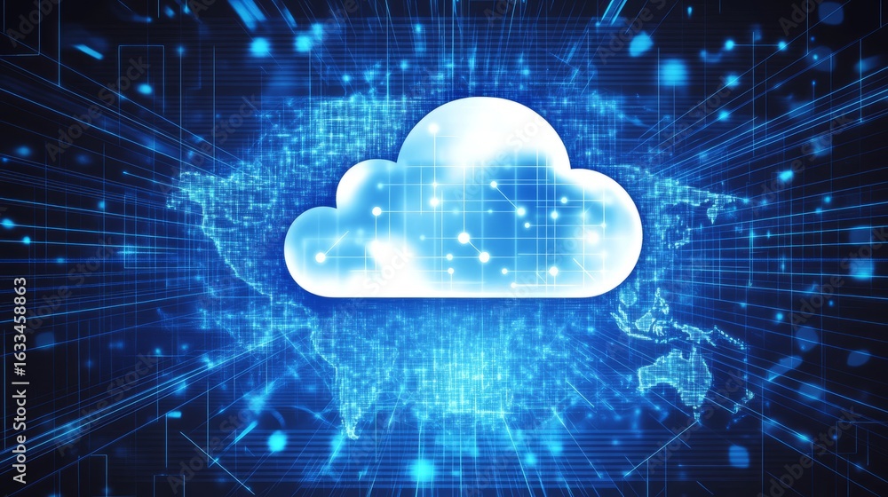 Poster data transfer and cloud computing technology concept with large central cloud icon featuring interna