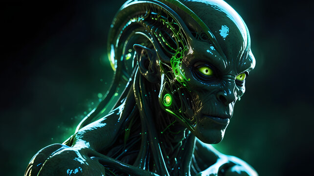 A cinematic portrait of a futuristic biomechanical alien, a glimpse into advanced extraterrestrial life with luminous green eyes.