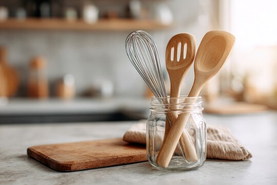 Kitchen utensilswhisk slotted spoon spoonin a glass jar on a countertop with a wooden cutting board and cloth Bright clean minimalist