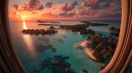 perspective of crystal-clear turquoise waters meeting pristine white sandy beaches, framed by the airplane window. Small islands dot the horizon, with upscale resorts featuring infinity pools 