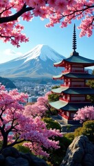 Fuji's majestic peak, Chureito Pagoda & vibrant cherry blossoms , postcard, shizuoka