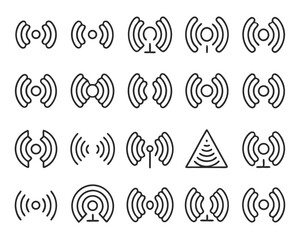 Collection of simple monochrome radio wave and sound signal icons for broadcast and communication design isolated on transparent background