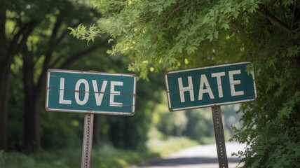 Opposite road signs labeled love and hate, metaphor for changing feelings in relationship