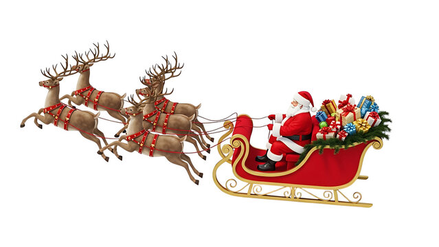 Santa claus sleigh reindeer christmas gifts holiday season festive celebration illustration image vector art on transparent background