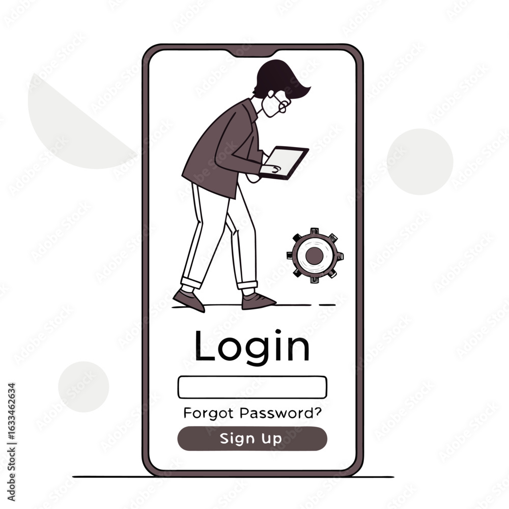 Poster modern mobile app login screen design featuring a stylized person interacting with a tablet and a ge