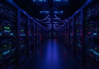 Fototapeta premium Server Room: Data Center with Rows of Operating Rack Servers for IT, Networking or Cloud Computing