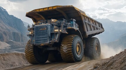 Massive mining truck on a dusty mountain road