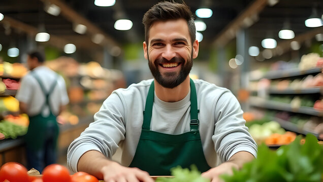 Portrait of smiling and friendly male grocer dressed in green apron and white shirt, market background with various colorful fruits and veggies