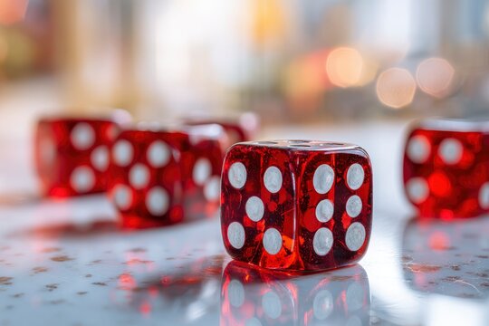 Four red dice with white dots are arranged on a reflective surface Background is blurred with round light shapes