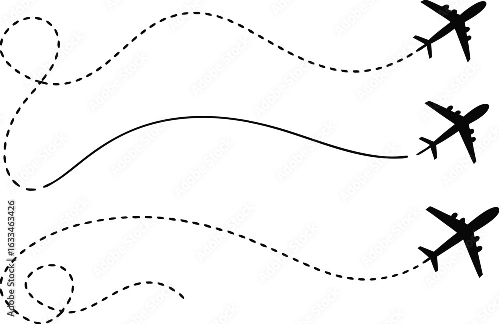 Poster air travel routes and flight paths in vector illustration with multiple airplane trajectories