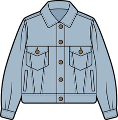 Denim button-up jacket front view, long sleeve outerwear with pockets and collar, CAD drawing flat vector illustration, fashion sketch, technical apparel design