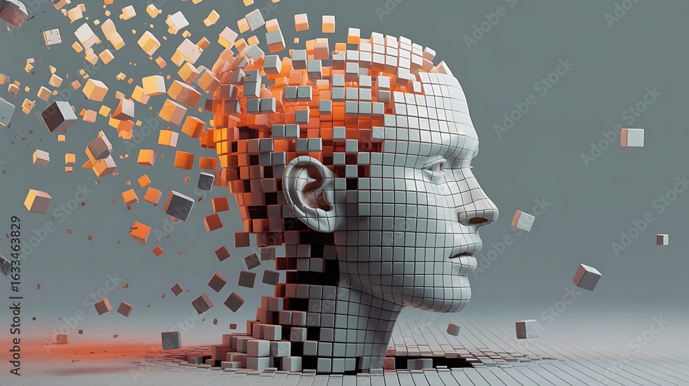 Aufkleber ai disrupting thought process, digital mind dissolving into abstract cubes, future technology concep