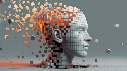 AI disrupting thought process, digital mind dissolving into abstract cubes, future technology concept