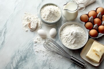 Baking ingredients Flour bowls eggs milk butter and a whisk on a marble surface