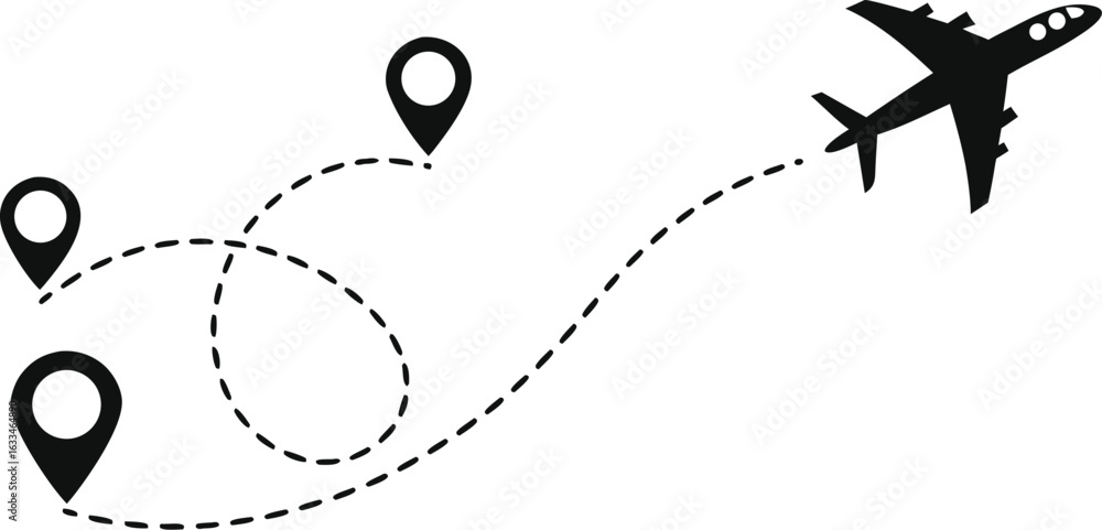 Poster airplane flight path with destination markers on white background represents travel and navigation s