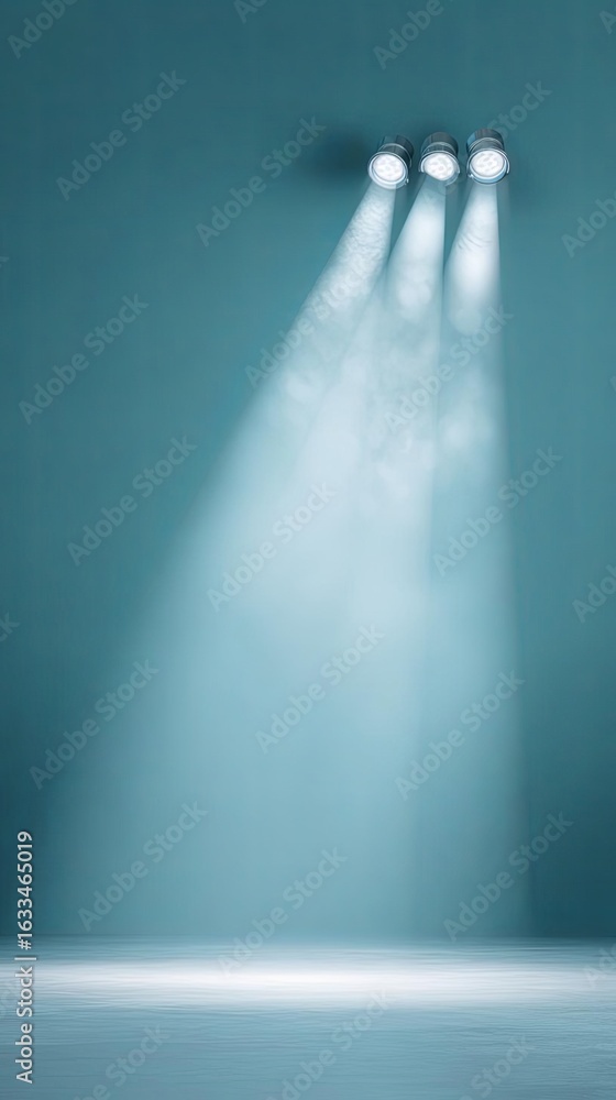 Poster three beams of spotlight illuminating an empty stage, creating a dramatic atmosphere.