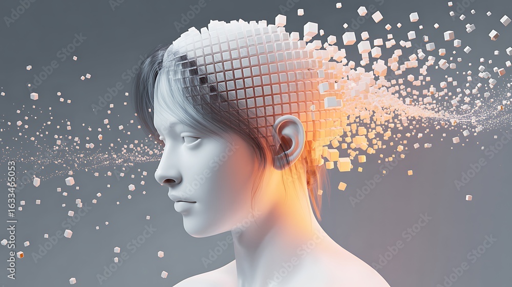 Poster abstract representation of a human head dissolving into digital cubes, symbolizing ai or data proces