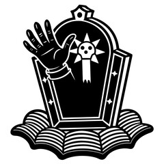 Hand rising from tombstone on books isolated on white background