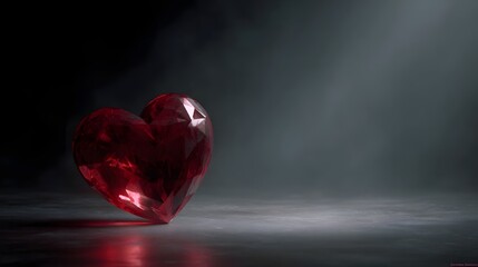Floating glass heart illuminated by dramatic spotlight