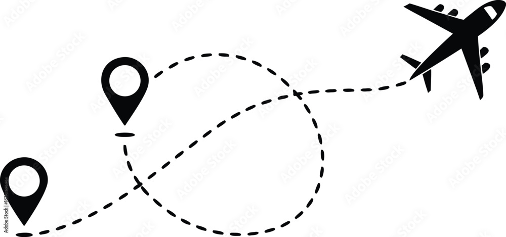 Poster airplane flight path with origin and destination markers denoting travel and navigation with a clean