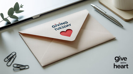 A closeup shot of an envelope with a heart cutout and the words giving tuesday on a white desk with a laptop, pen, paper clips, and a plant, symbolizing generosity and support