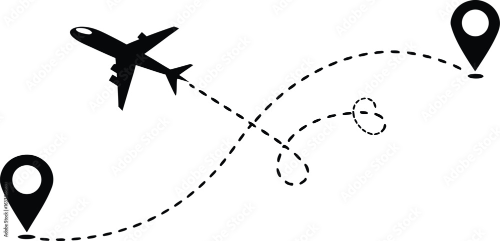 Poster airplane flight path with origin and destination markers showcasing travel and navigation possibilit