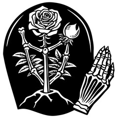 A skeletal rose with a skeleton hand isolated on white background