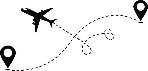 Airplane flight path with origin and destination markers showcasing travel and navigation possibilities with dotted line illustration